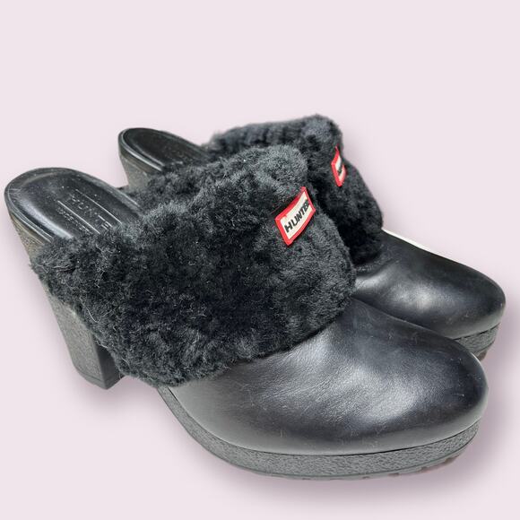 Hunter Black Fleece Shearling Leather Mules - Picture 1 of 8